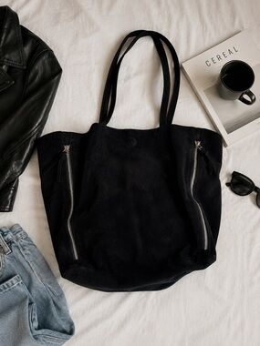 Raj Imports Myla Black Suede Oversized Tote Zippers Slouchy Bag Minimalist Boho